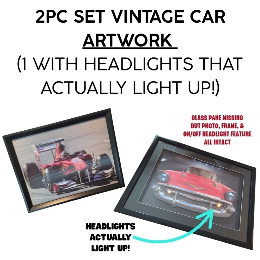 2PC SET VINTAGE CAR ARTWORK WALL DECOR (1 W/ HEADLIGHTS THAT ACTUALLY LIGHT UP!)
